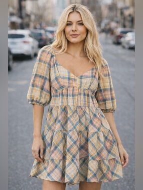 Anthropologie Drew Blue and Pink Plaid Puff Sleeve Tiered Dress S